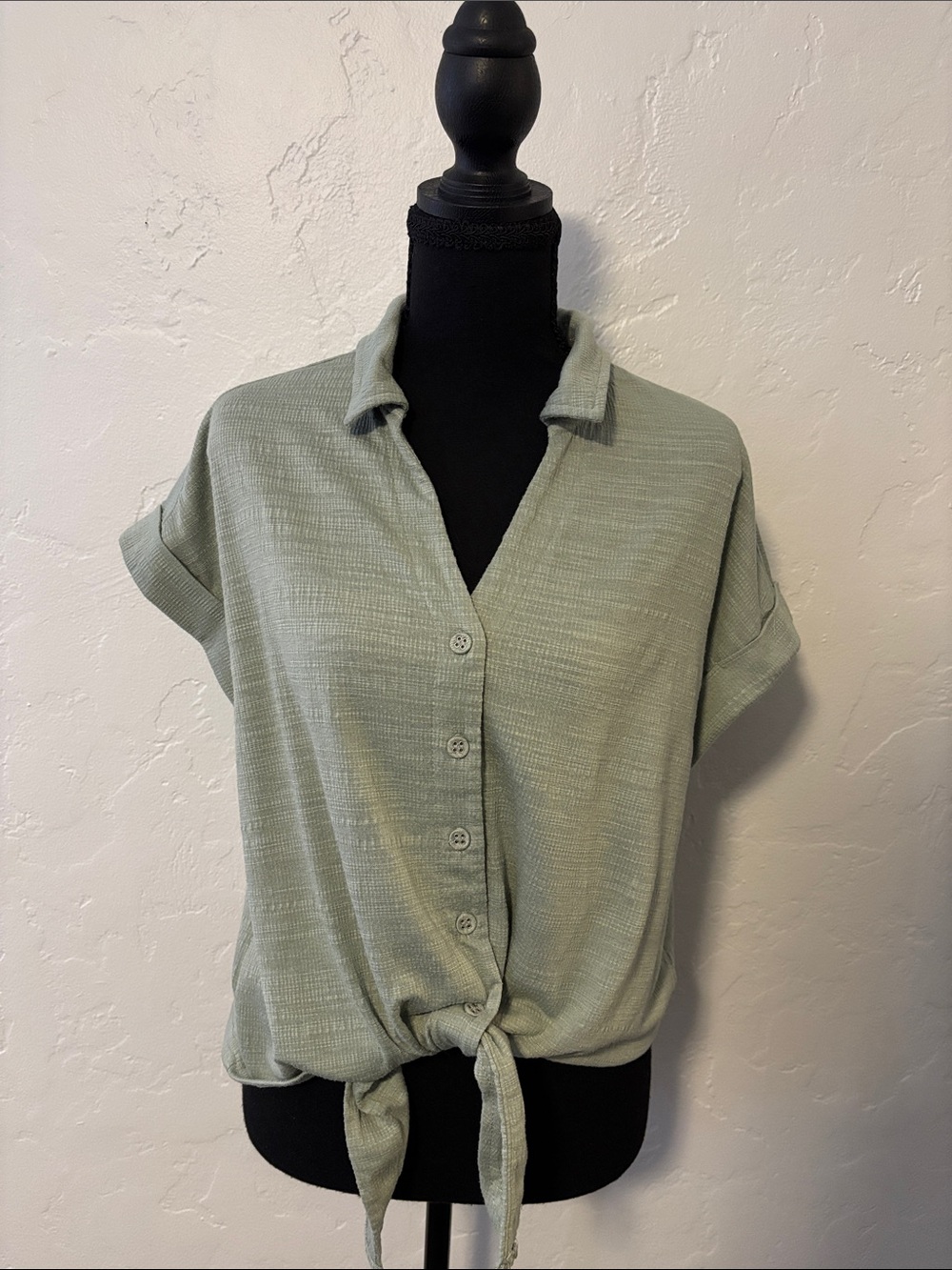 Jane and Delancey Sage Green Button-Front Tie Hem Top
